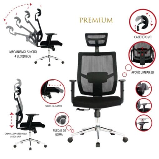 silla de oficina hawai presidente premium ergonómica graduable en altura con apoyo lumbar
